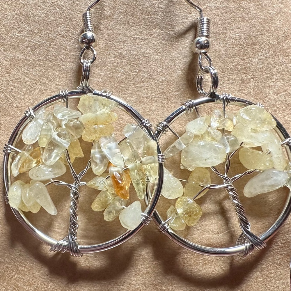 Citrine Chip Tree of Life Earrings. Stainless steel fish hook ear wires.